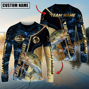 Joycorners Largemouth Bass Fishing Ocean Wave Gold Luxury Pattern Personalized Name, Team Name Long Sleeve Shirt