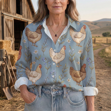 Joycorners Rustic Chicken Floral Garden Casual Shirt