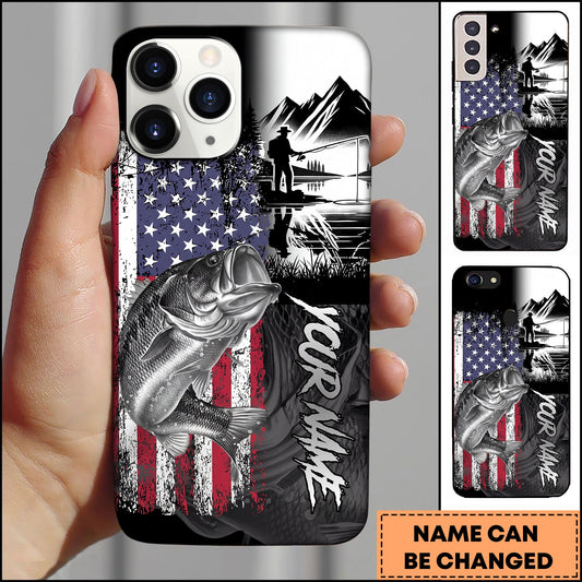 Joycorners Fishing Patriotic USA Flag Mountain Angler Silhouette Personalized Name Phone Case (10 Fish Species)