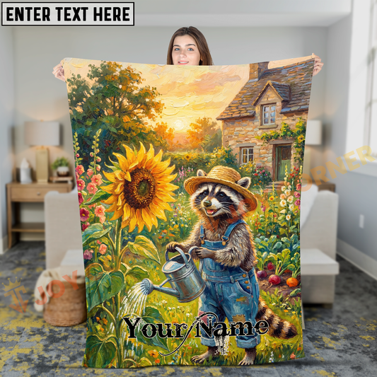 Joycorners Lovely Raccoon Gardener at Country Cottage Sunset Personalized 3D Blanket