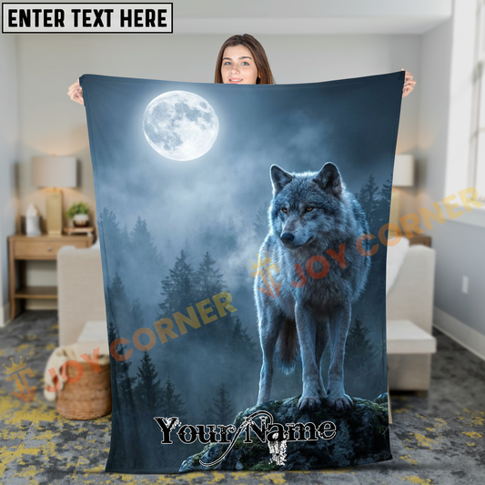 Joycorners Mystical Grey Wolf Standing on Rock under Full Moon Personalized 3D Blanket