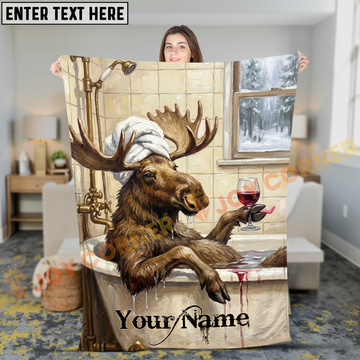 Joycorners Winter Moose Relaxing in Bathtub with Wine Personalized 3D Blanket