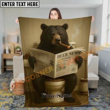 Joycorners Humorous Black Bear Smoking Cigar Reading Beer News on Toilet Personalized 3D Blanket