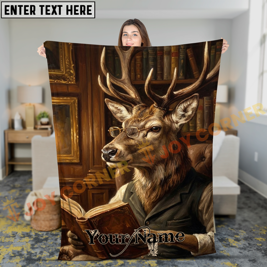 Joycorners Vintage Smart Stag Reading Book in Library Personalized 3D Blanket
