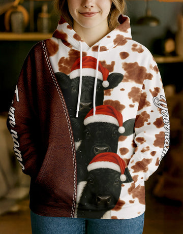 Joycorners Belted Galloway Leather Christmas Cow Personalized Name, Farm Name Unisex 3D Hoodie