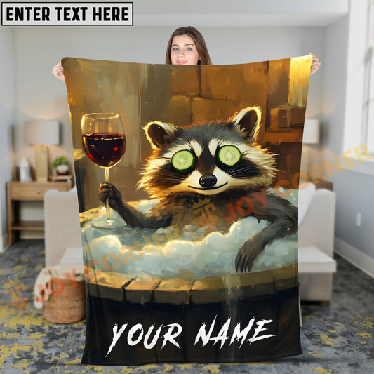 Joycorners Humorous Raccoon Spa Hot Tub with Wine and Cucumbers Personalized 3D Blanket