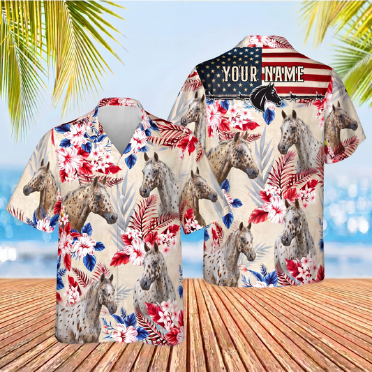 Joycorners Appaloosa Horse Custom Name US Flag Vintage Red Floral 3D Hawaiian Shirt