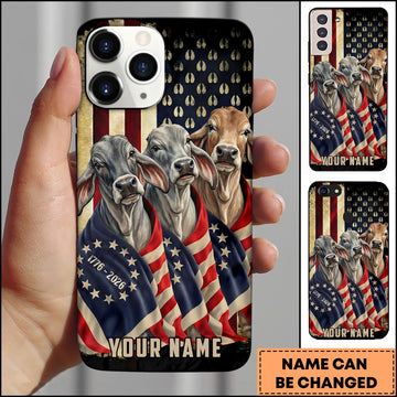 Joycorners Patriotic Brahman Trio Wrapped in American Flag 1776–2026 Personalized Name 3D Phone Case