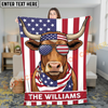 Joycorners Cool Cow Wearing USA Flag Bandana and Sunglasses Patriotic Style Personalized Name 3D Blanket (8 Breeds)