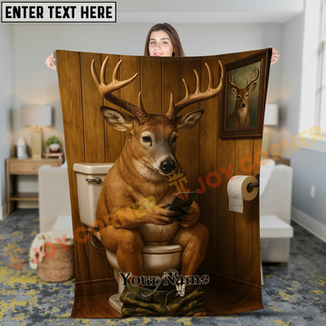 Joycorners Humorous Whitetail Buck Deer Using Phone on Toilet Personalized 3D Blanket