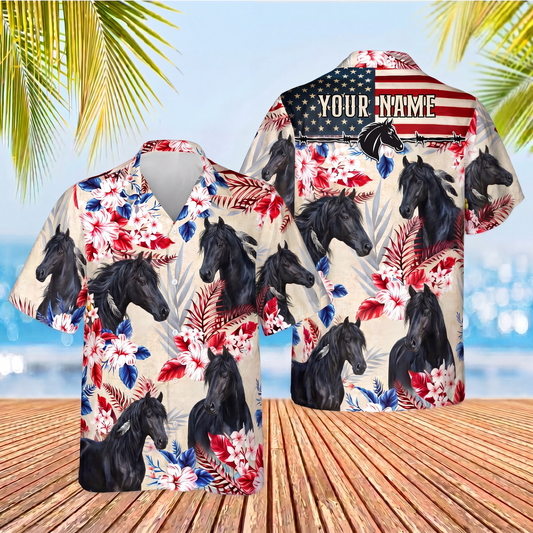 Joycorners Friesian Horse Custom Name US Flag Vintage Red Floral 3D Hawaiian Shirt