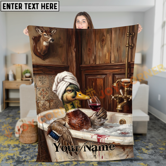 Joycorners Funny Mallard Duck Relaxing in Tub with Wine Personalized 3D Blanket