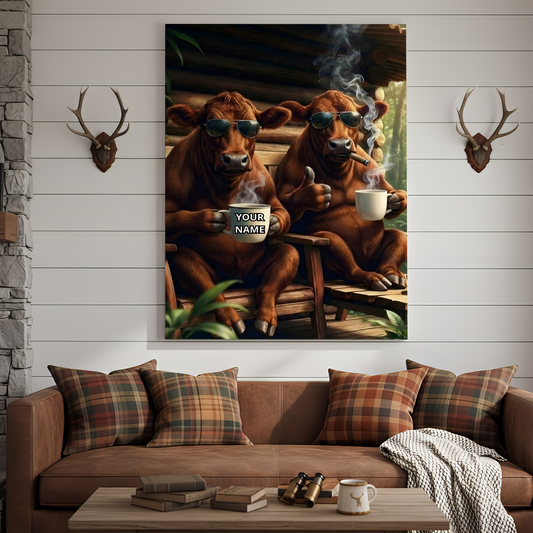 Joycorners Funny Cow Coffee Cabin Wall Art Personalized Name 3D Canvas ( 8 Breeds )