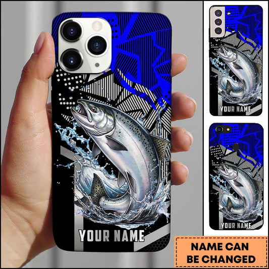 Joycorners Fishing Dynamic Blue Geometric Splash Art Personalized Name Phone Case (10 Fish Species)