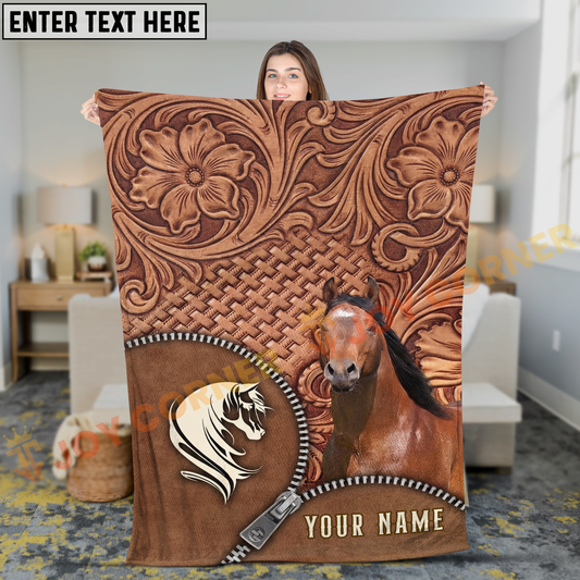 Joycorners Horse Rustic Tooled Leather Floral Pattern Zipper Art Personalized Name 3D Blanket  (8 Breeds)