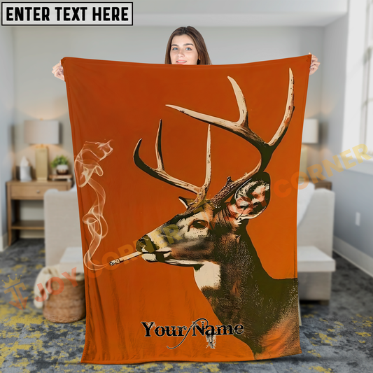 Joycorners Vintage Whitetail Deer Smoking Cigarette Orange Background Personalized 3D Blanket