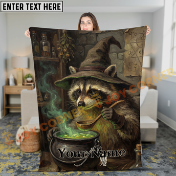 Joycorners Mystical Raccoon Witch Brewing Green Potion Cauldron Personalized 3D Blanket