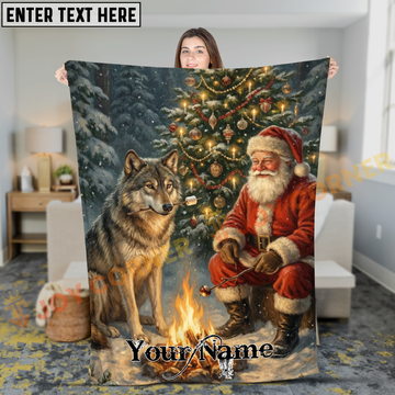 Joycorners Cozy Santa Claus and Grey Wolf by Campfire Personalized 3D Blanket