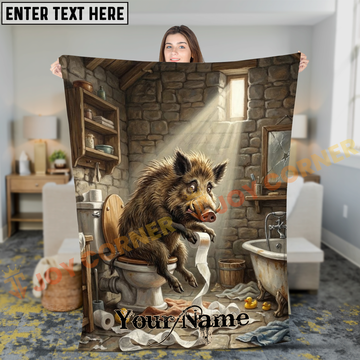 Joycorners Funny Wild Boar Sitting on Toilet in Stone Bathroom Personalized 3D Blanket