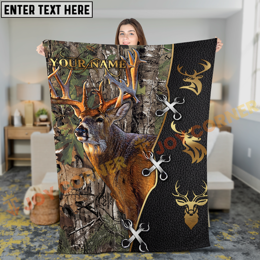 Joycorners Premium Leather Whitetail Buck Woodland Personalized 3D Blanket