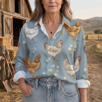 Joycorners Farm Chicken Daisy Floral Casual Shirt