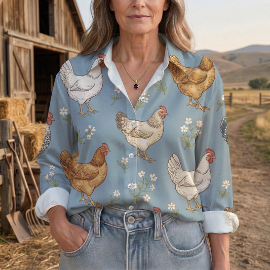 Joycorners Farm Chicken Daisy Floral Casual Shirt