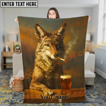 Joycorners Badass Coyote Smoking Cigar with Beer Mug Personalized 3D Blanket