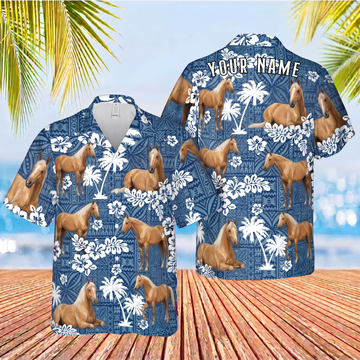 Joycorners Palomino Horse Custom Name Blue Tribal Palm Tree 3D Hawaiian Shirt