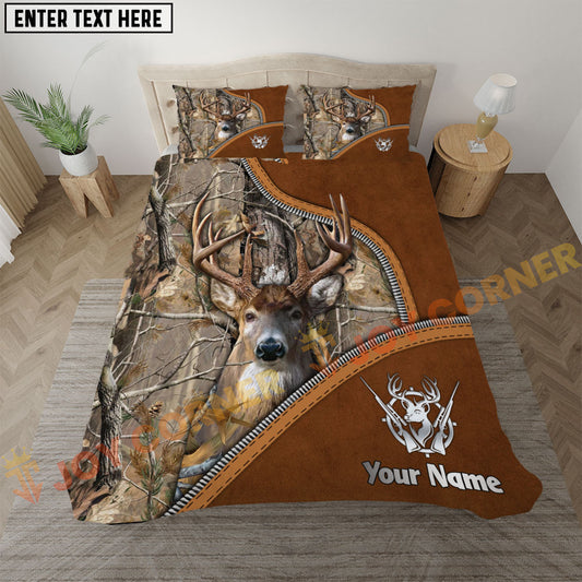Joycorners Deer Hunting Grass Brown Camo Real Tree Leather Zipper Bedding Set 3D All Over Printed