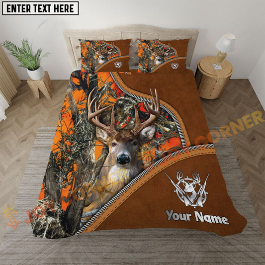 Joycorners Deer Hunting Orange Camo Real Tree Leather Zipper Bedding Set 3D All Over Printed