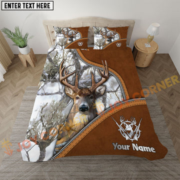 Joycorners Deer Hunting White Camo Real Tree Leather Zipper Bedding Set 3D All Over Printed