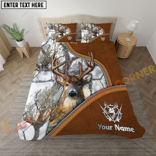 Joycorners Deer Hunting White Camo Real Tree Leather Zipper Bedding Set 3D All Over Printed