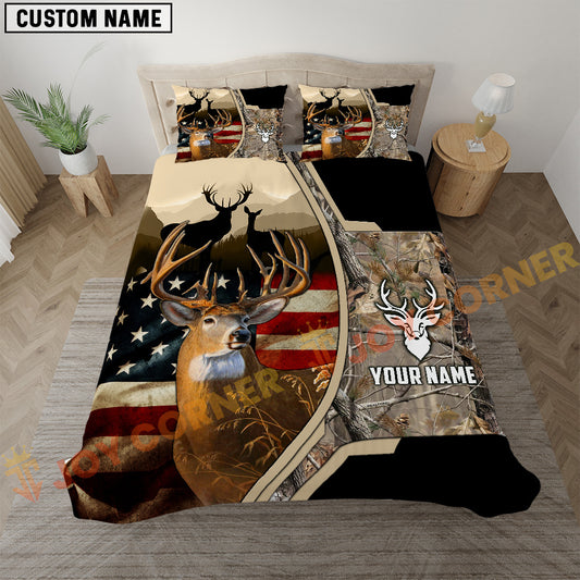 Joycorners Deer Hunting American Flag Rustic Grass Brown Camo  Bedding Set 3D All Over Printed
