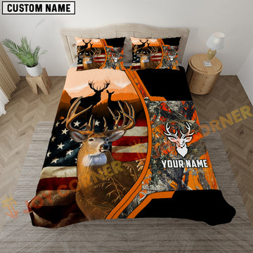 Joycorners Deer Hunting American Flag Rustic Orange Camo  Bedding Set 3D All Over Printed