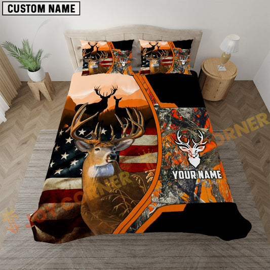 Joycorners Deer Hunting American Flag Rustic Orange Camo  Bedding Set 3D All Over Printed