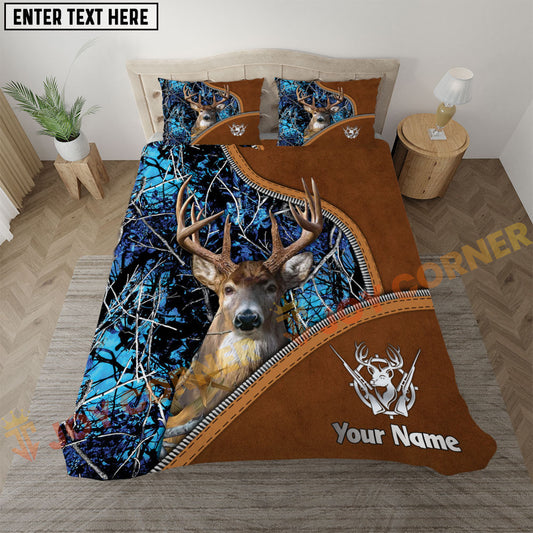 Joycorners Deer Hunting Blue Camo Real Tree Leather Zipper Bedding Set 3D All Over Printed