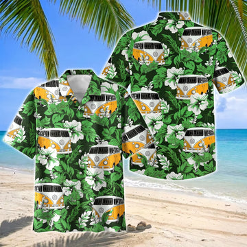 Joycorners Green Camping Van Tropical Hibiscus Hawaiian Shirt
