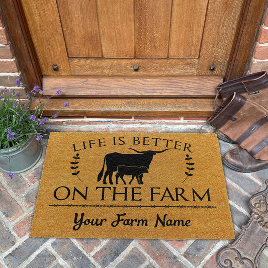 Joycorners Texas Longhorn Life Is Better On The Farm Custom Name Coir Doormat