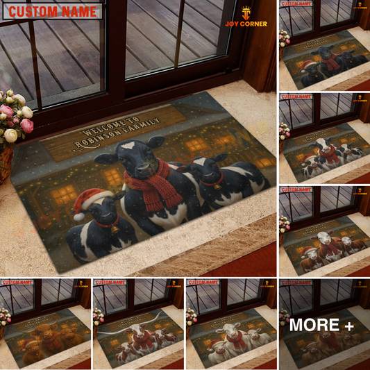 Joycorners Personalized Cow Christmas Doormat, Custom Family Name Welcome Mat, Farmhouse Holiday Decor (10 Cattle Breeds)