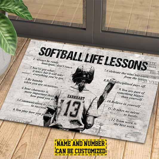 Joycorners Personalized Softball Doormat, Softball Life Lessons, Motivational Quotes Doormat For Home Decor Housewarming Gift, Welcome Mat Gift For Softball Lovers LM0210