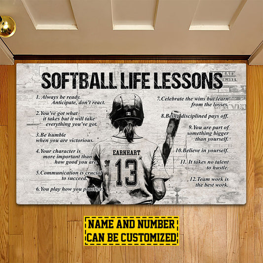 Joycorners Personalized Softball Doormat, Softball Life Lessons, Motivational Quotes Doormat For Home Decor Housewarming Gift, Welcome Mat Gift For Softball Lovers LM0210