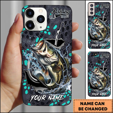 Joycorners Fishing Hexagon Tech Pattern Hook Icon Water Splash Personalized Name Phone Case (10 Fish Species)