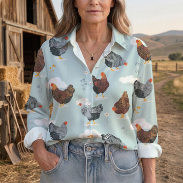 Joycorners Cute Chicken Sky Farm Pattern Casual Shirt