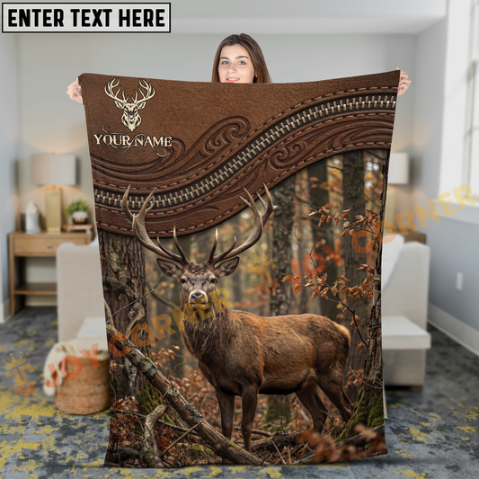 Joycorners Rustic Leather Zipper Red Stag Woodland Wildlife Personalized 3D Blanket