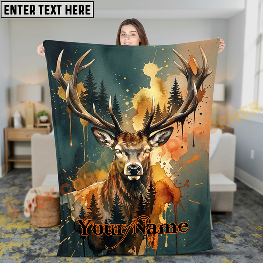 Joycorners Watercolor Elk with Autumn Forest Landscape Personalized 3D Blanket