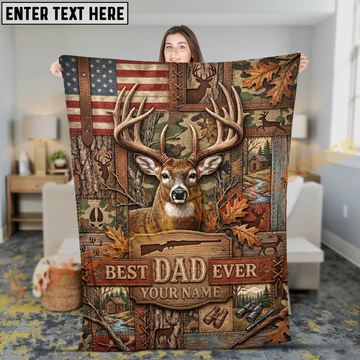 Joycorners Best Dad Ever Deer Hunting Patchwork American Flag Personalized 3D Blanket
