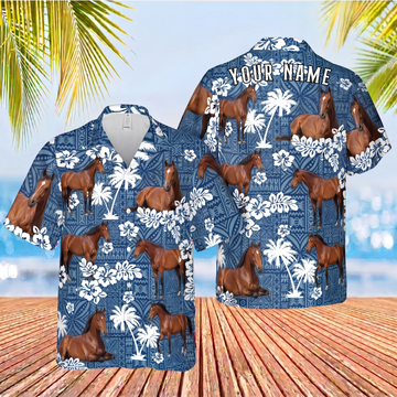 Joycorners Morgan Horse Custom Name Blue Tribal Palm Tree 3D Hawaiian Shirt