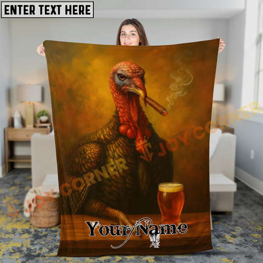 Joycorners Funny Wild Turkey Smoking Cigar with Beer Glass Personalized 3D Blanket