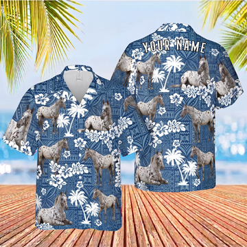 Joycorners Appaloosa Horse Custom Name Blue Tribal Palm Tree 3D Hawaiian Shirt