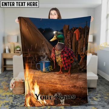Joycorners Funny Camping Mallard Duck Wearing Plaid Shirt by Fire Personalized 3D Blanket